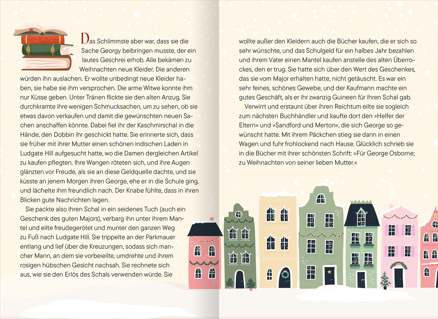 Gezeigt wird eine Innen- oder Zusatzansicht von „Cosy Christmas Cottage“. Der Text ist im Buch auf der linken Seite und beginnt mit einer Beschreibung der Szenerie. Die typografische Gestaltung ist freundlich und klar, wobei die Schrift in warmen, klassischen Farben gehalten ist. Auf der rechten Seite sind farbenfrohe, stilisierte Häuser abgebildet, die eine winterliche Atmosphäre schaffen. Es dominieren sanfte Pastelltöne, die Gemütlichkeit und festliche Stimmung vermitteln.