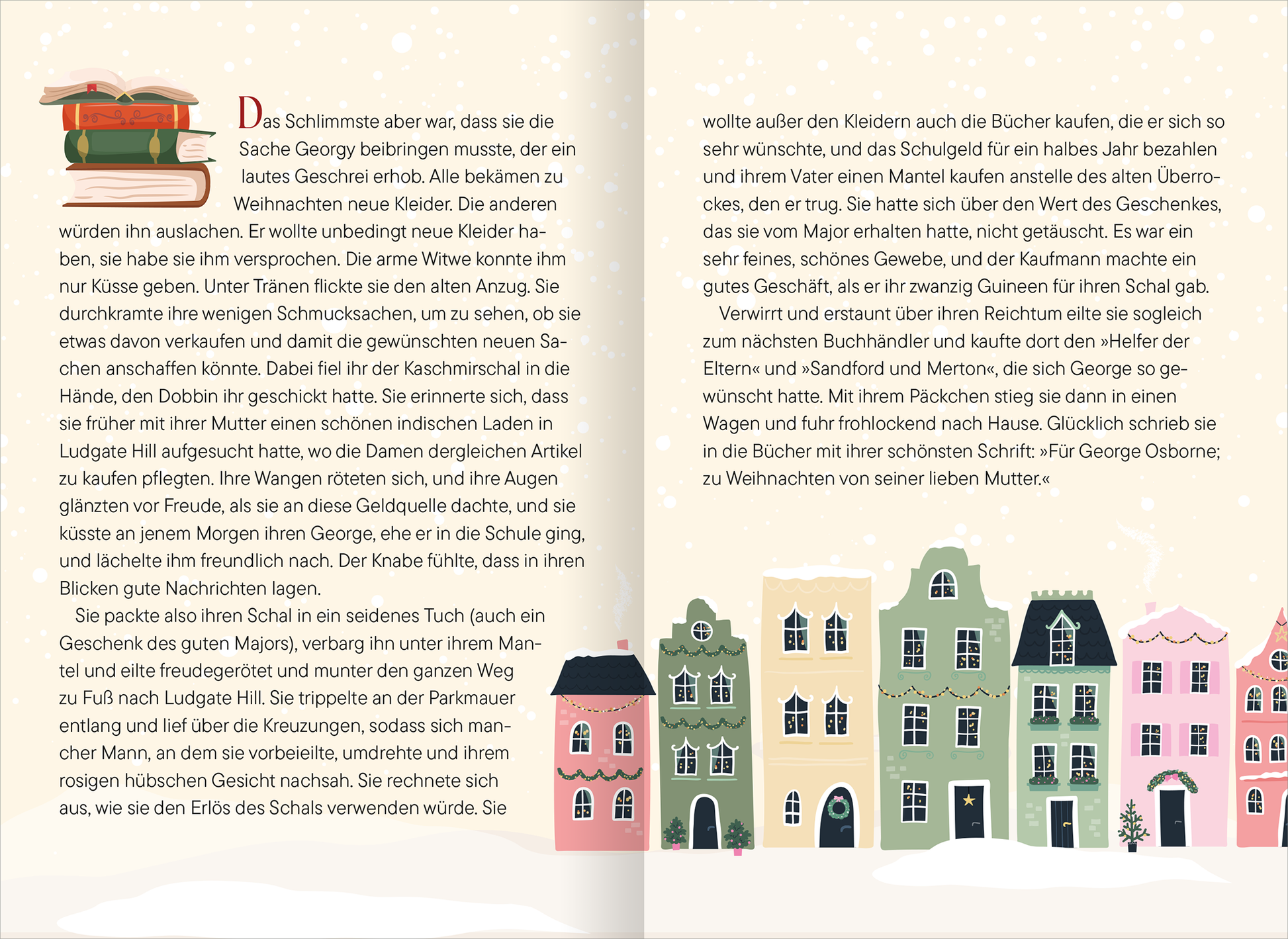 Gezeigt wird eine Innen- oder Zusatzansicht von „Cosy Christmas Cottage“. Der Text ist im Buch auf der linken Seite und beginnt mit einer Beschreibung der Szenerie. Die typografische Gestaltung ist freundlich und klar, wobei die Schrift in warmen, klassischen Farben gehalten ist. Auf der rechten Seite sind farbenfrohe, stilisierte Häuser abgebildet, die eine winterliche Atmosphäre schaffen. Es dominieren sanfte Pastelltöne, die Gemütlichkeit und festliche Stimmung vermitteln.