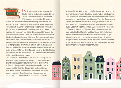 Gezeigt wird eine Innen- oder Zusatzansicht von „Cosy Christmas Cottage“. Der Text ist im Buch auf der linken Seite und beginnt mit einer Beschreibung der Szenerie. Die typografische Gestaltung ist freundlich und klar, wobei die Schrift in warmen, klassischen Farben gehalten ist. Auf der rechten Seite sind farbenfrohe, stilisierte Häuser abgebildet, die eine winterliche Atmosphäre schaffen. Es dominieren sanfte Pastelltöne, die Gemütlichkeit und festliche Stimmung vermitteln.