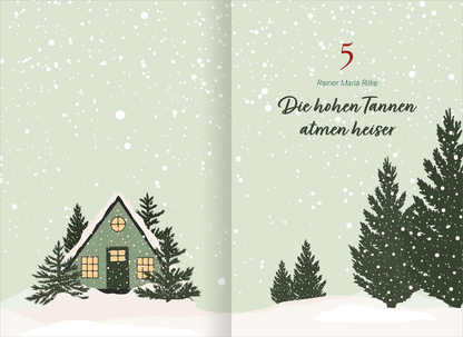 Gezeigt wird eine Innen- oder Zusatzansicht von „Cosy Christmas Cottage“. Die Seite ist in sanften, mintgrünen Tönen gehalten und zeigt links ein kleines, schneebedecktes Cottage mit braunen Fensterrahmen. Rechts steht der Titel „Die hohen Tannen atmen heiser“ in eleganter, geschwungener Schrift. Über dem Text befindet sich die Zahl 5 in kräftigem Rot, begleitet von dem Namen „Rainer Maria Rilke“ in schlichter, moderner Typografie. Im Hintergrund fallen sanfte Schneeflocken.