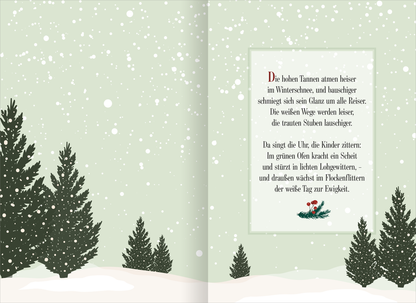 Gezeigt wird eine Innen- oder Zusatzansicht von „Cosy Christmas Cottage“. Die Illustration zeigt hohe, grüne Tannenbäume, die in einem Winterlandschaftsbild stehen, umgeben von schneebedecktem Boden. Die Farben sind sanft, mit einem hellen, mintgrünen Hintergrund, der die winterliche Atmosphäre unterstreicht. Der Text ist in einer eleganten Schriftart gehalten, wobei die zentrale Überschrift in kräftigem Rot hervorsticht. Ergänzende Details wie Schneeflocken und kleine, florale...