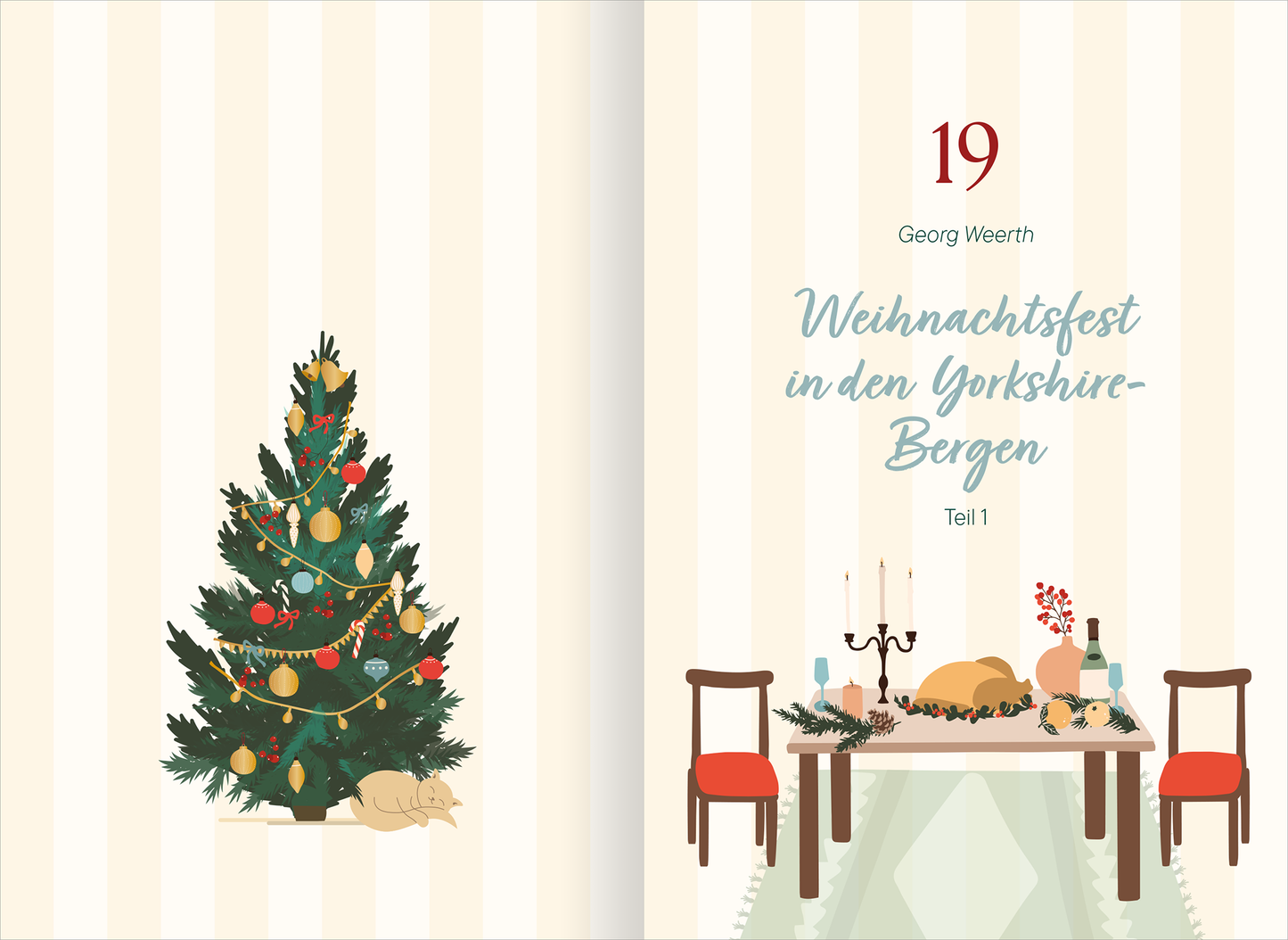 Gezeigt wird eine Innenansicht von „Cosy Christmas Cottage“. Auf der linken Seite steht ein üppig geschmückter Weihnachtsbaum mit bunten Ornamenten und einer Lichterkette. Rechts ist ein festlich gedeckter Tisch mit einer weißen Tischdecke, Kerzen und traditionellen Speisen. Die Farbpalette umfasst warme Grüntöne, sanfte Beigetöne und akzentuierende Rottöne. Die Typografie zeigt den Titel „Weihnachtsfest in den Yorkshire-Bergen“ in einer eleganten geschwungenen Schrift, über der...