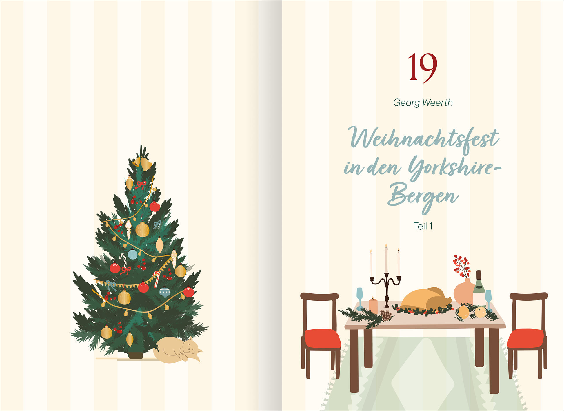 Gezeigt wird eine Innenansicht von „Cosy Christmas Cottage“. Auf der linken Seite steht ein üppig geschmückter Weihnachtsbaum mit bunten Ornamenten und einer Lichterkette. Rechts ist ein festlich gedeckter Tisch mit einer weißen Tischdecke, Kerzen und traditionellen Speisen. Die Farbpalette umfasst warme Grüntöne, sanfte Beigetöne und akzentuierende Rottöne. Die Typografie zeigt den Titel „Weihnachtsfest in den Yorkshire-Bergen“ in einer eleganten geschwungenen Schrift, über der...