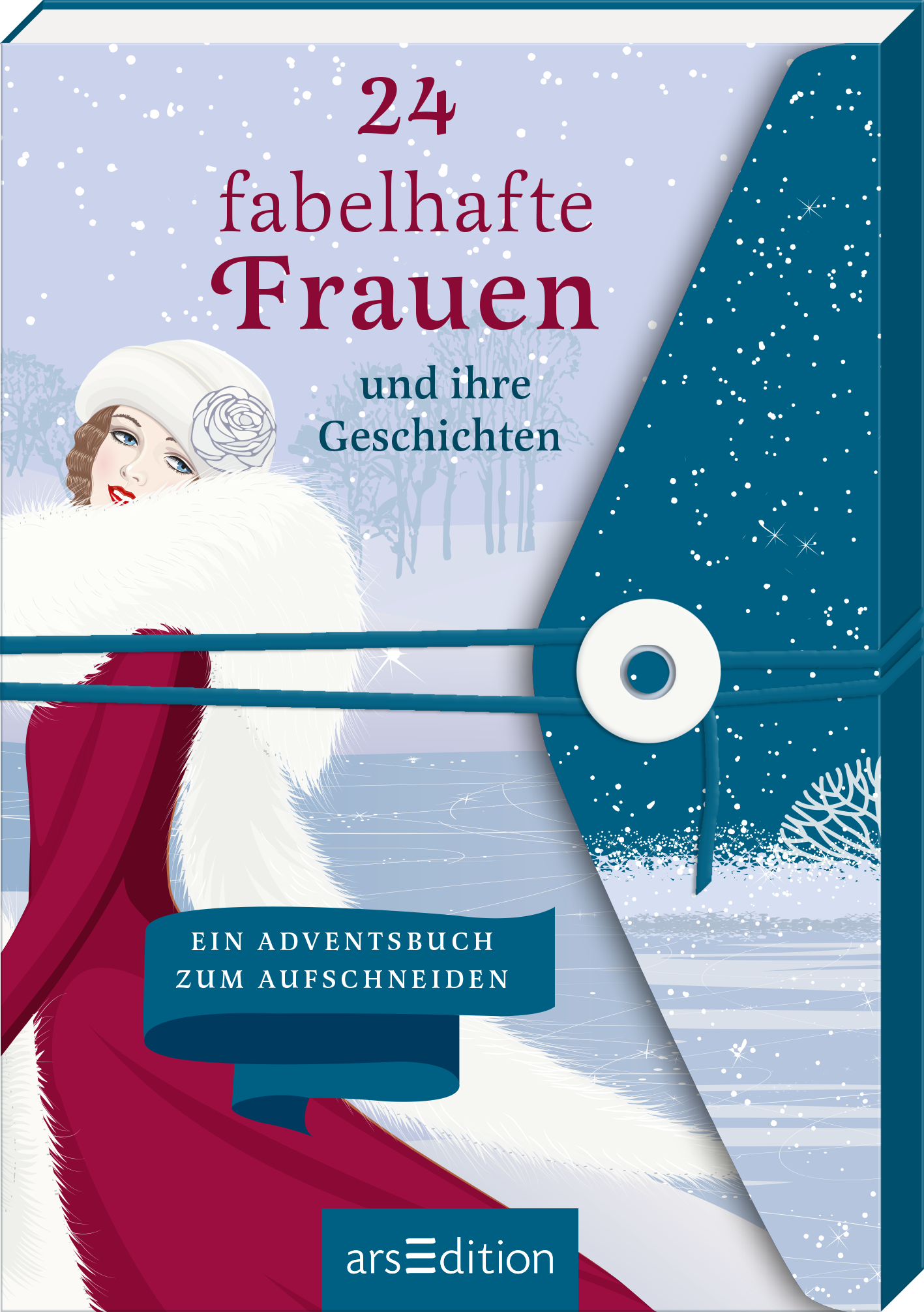 Auf dem Buchcover sind in eleganter Schrift die Worte „24 fabelhafte Frauen und ihre Geschichten“ in rot und blau auf einem winterlichen, hellblauen Hintergrund platziert. Im Vordergrund steht eine stilisierte, dezente Abbildung einer Frau in einem roten Mantel mit weißem Pelzkragen und passender Kopfbedeckung. Unten mittig befindet sich ein blaues Banner mit der Aufschrift „Ein Adventsbuch zum Aufschneiden“. Ganz unten mittig steht der Logoschriftzug von arsEdition.