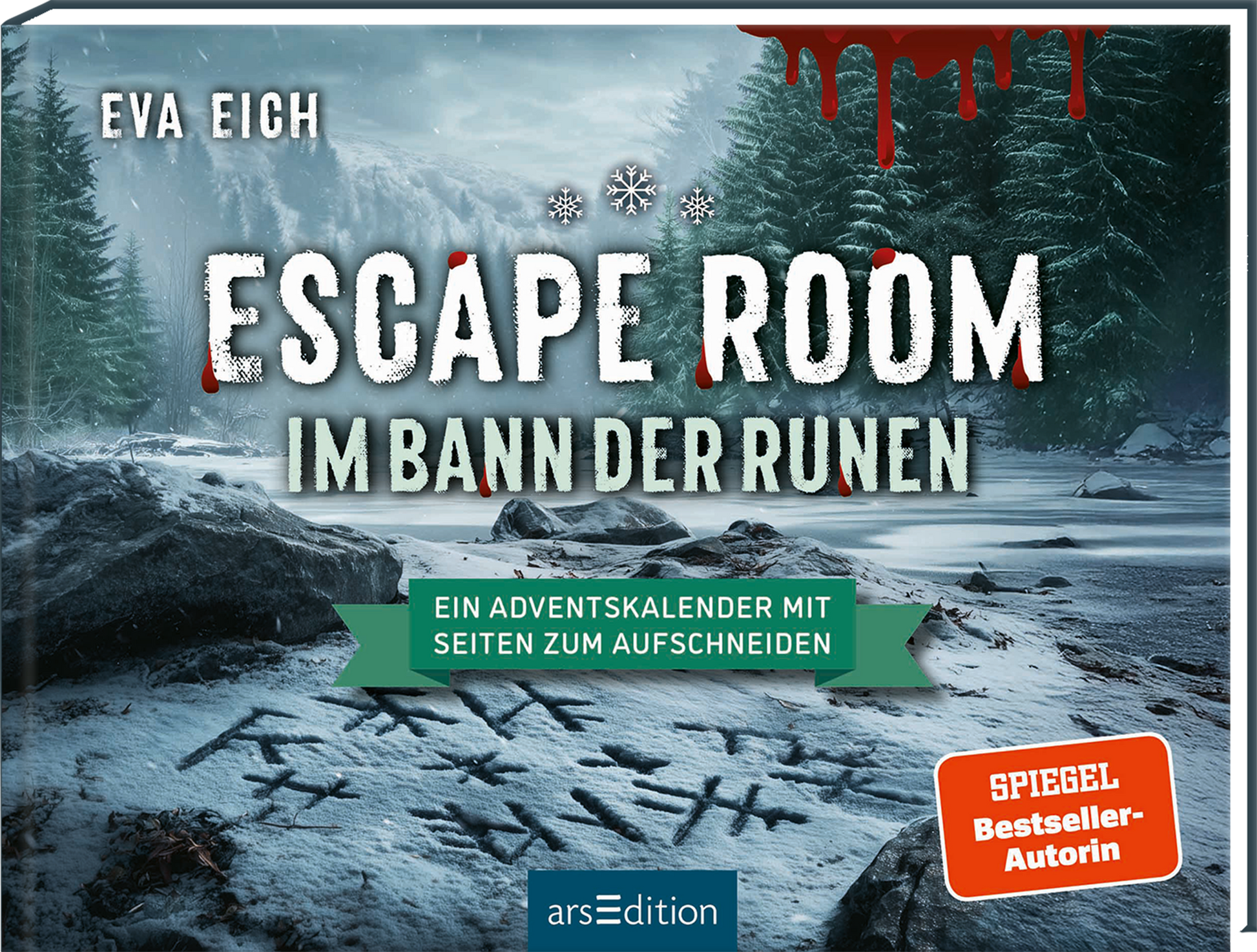 Auf dem Buchcover von „Escape Room – Im Bann der Runen“ von Eva Eich thront der Titel in großen, weißen Buchstaben vor einer schneebedeckten, mystischen Landschaft, die einer tiefen, winterlichen Atmosphäre entstammt. Rote Blutspritzer verleihen dem Cover Spannung und Dramatik. Unten links befindet sich ein grünes Banner mit dem Text „Ein Adventskalender mit Seiten zum Aufschneiden“. Rechts unten ist ein orangefarbener Button mit der Aufschrift „SPIEGEL Bestseller-Autorin“ zu...