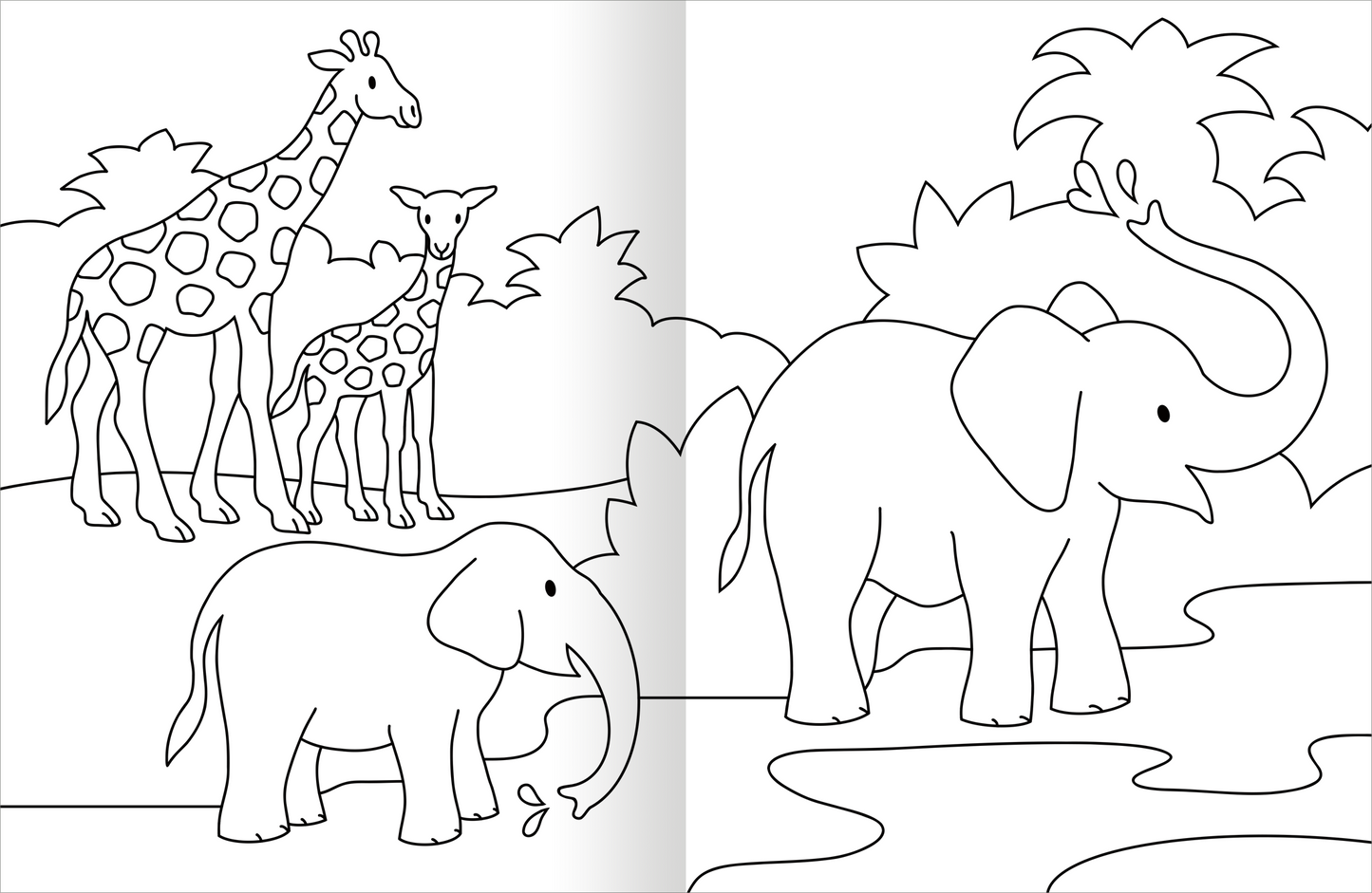 Gezeigt wird eine Innen- oder Zusatzansicht von „Malbuch Tiere“. Die Seite zeigt eine einfache schwarze Zeichnung in einem klaren, kindgerechten Stil. Auf der linken Seite sind zwei Giraffen mit umfangreichen Flecken, die auf einem sonnigen Hintergrund stehen. Rechts befindet sich ein großer Elefant neben einem kleinen Elefanten, die beide an einem Gewässer stehen. Die Abbildung ist umgeben von stilisierten Pflanzen, was eine lebendige, spielerische Atmosphäre schafft.