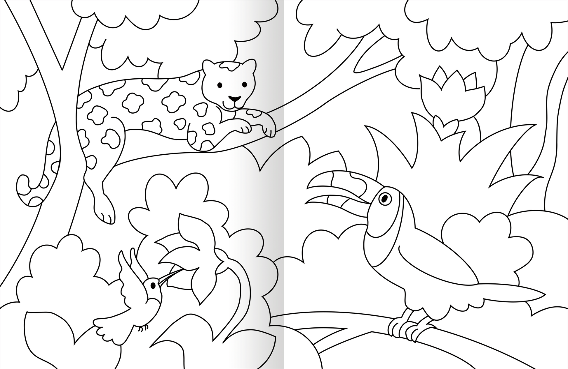 Gezeigt wird eine Innen- oder Zusatzansicht von „Malbuch Tiere“. Die Seite zeigt eine Vielzahl von Tieren in einer dichten, blätterreichen Umgebung. Ein verschmitzter Leopard mit charakteristischen Flecken liegt entspannt auf einem Ast, während ein bunter Tukan neugierig in die Szene blickt. Im Vordergrund schwirrt ein kleiner Vogel und umrahmt die lebendige Tierwelt. Die Konturen sind kräftig und einladend, ideal zum Ausmalen.