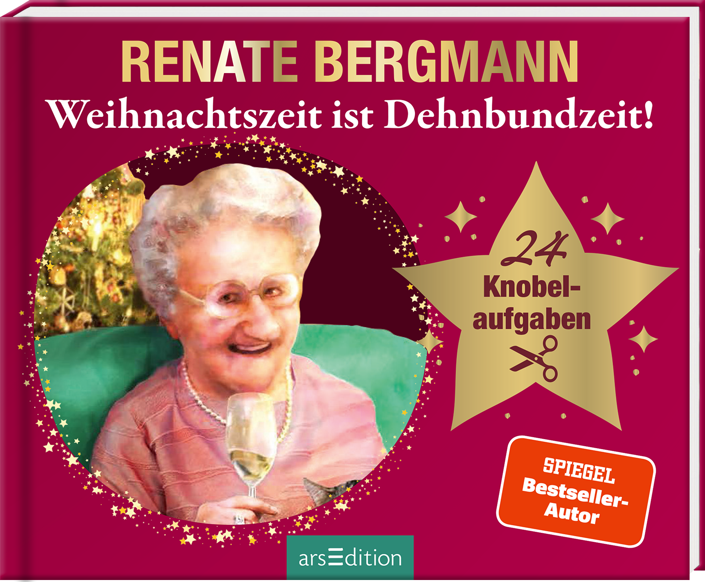 Das Buchcover zeigt eine fröhliche ältere Dame, Renate Bergmann, mit einer kurzen, weißen Frisur und einer Brille, die ein Glas in der Hand hält. Im Hintergrund ist eine weihnachtliche Dekoration zu sehen. Der Titel „Weihnachtszeit ist Dehnbundzeit!“ steht in fröhlichen, bunten Buchstaben. Rechts oben prangt ein großer, goldfarbener Stern mit dem Text „24 Knobelaufgaben“ und darunter der Hinweis „SPIEGEL Bestseller-Autor“. Ganz unten mittig steht der Logoschriftzug von...