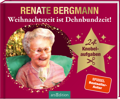 Das Buchcover zeigt eine fröhliche ältere Dame, Renate Bergmann, mit einer kurzen, weißen Frisur und einer Brille, die ein Glas in der Hand hält. Im Hintergrund ist eine weihnachtliche Dekoration zu sehen. Der Titel „Weihnachtszeit ist Dehnbundzeit!“ steht in fröhlichen, bunten Buchstaben. Rechts oben prangt ein großer, goldfarbener Stern mit dem Text „24 Knobelaufgaben“ und darunter der Hinweis „SPIEGEL Bestseller-Autor“. Ganz unten mittig steht der Logoschriftzug von...
