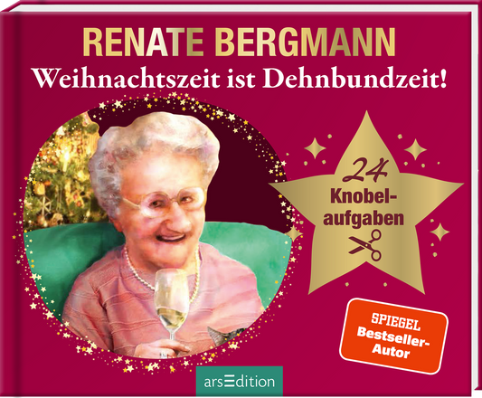 Das Buchcover zeigt eine fröhliche ältere Dame, Renate Bergmann, mit einer kurzen, weißen Frisur und einer Brille, die ein Glas in der Hand hält. Im Hintergrund ist eine weihnachtliche Dekoration zu sehen. Der Titel „Weihnachtszeit ist Dehnbundzeit!“ steht in fröhlichen, bunten Buchstaben. Rechts oben prangt ein großer, goldfarbener Stern mit dem Text „24 Knobelaufgaben“ und darunter der Hinweis „SPIEGEL Bestseller-Autor“. Ganz unten mittig steht der Logoschriftzug von...
