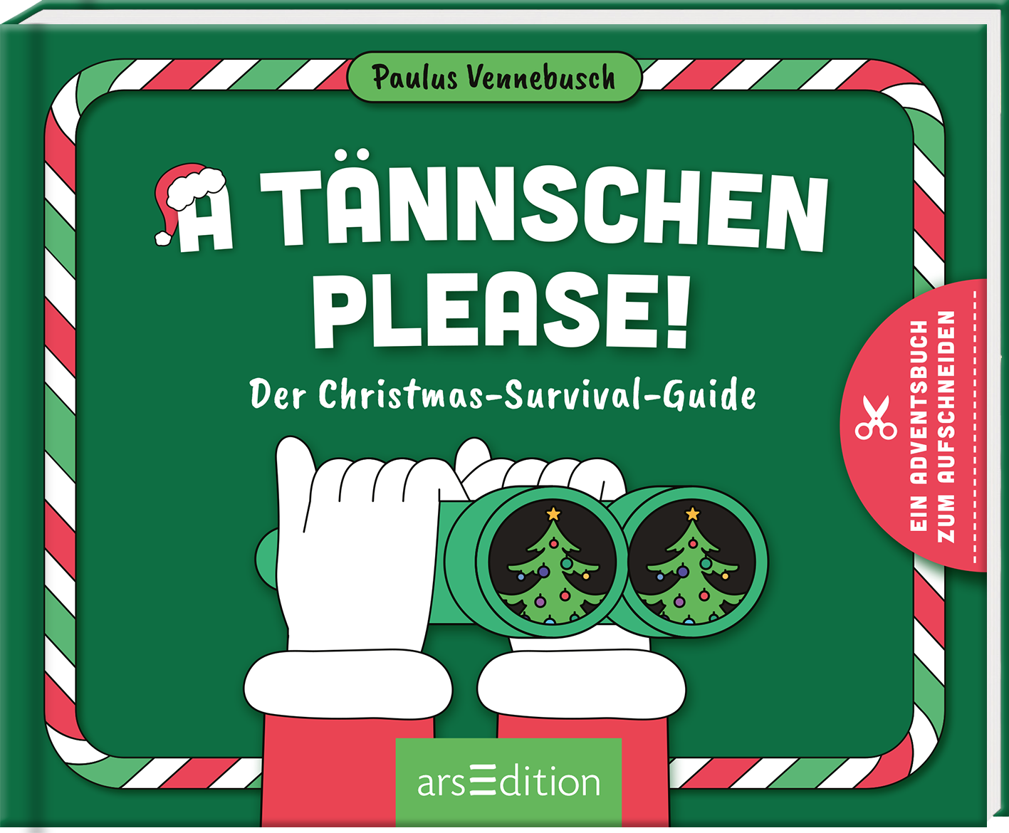 Auf dem Buchcover ist ein leuchtend grüner Hintergrund zu sehen, umrandet von einer roten Bordüre mit weißen Streifen. In der Mitte steht der Titel „A Tännchen Please!“ in großen, weißen Buchstaben, begleitet von den Worten „Der Christmas-Survival-Guide“ in kleinerer, roter Schrift. Darüber ist der Name des Autors, Paulus Vennebusch, zu lesen. Zwei Hände halten ein Fernglas mit Weihnachtsbäumen, das den festlichen Charakter unterstreicht. Oben links befindet sich eine...
