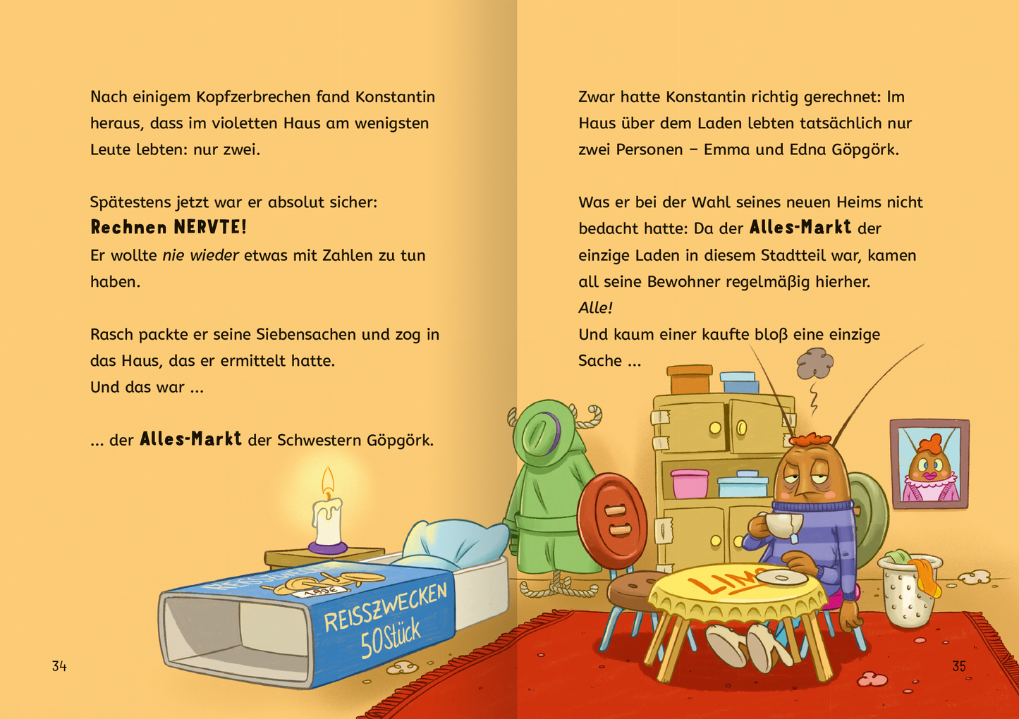 Gezeigt wird eine Innen- oder Zusatzansicht von „Rechnen NERVT! – Mathe? Ohne mich!“. Die Seiten sind in einem warmen Gelbton gehalten, mit gezeichneten Figuren und einem gemütlichen Raum. Links ist ein großer Karton mit der Beschriftung „REISSZWICKEN 50 Stück“ sichtbar. Rechts steht ein Tisch mit einer roten Decke und mehreren Haushaltsgegenständen. Die Typografie ist kindgerecht und farbenfroh, mit Dialogen, die in einer verspielten Schriftart dargestellt sind.