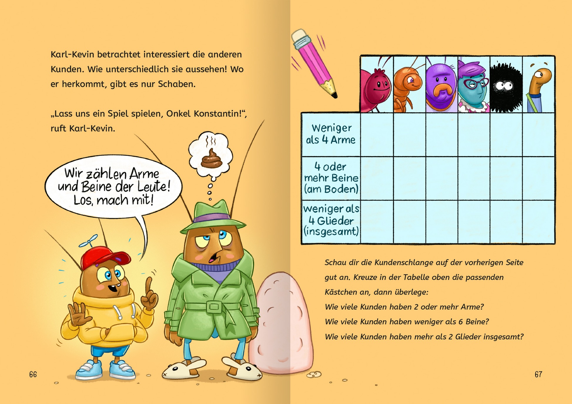 Gezeigt wird eine Innen- oder Zusatzansicht von „Rechnen NERVT! – Mathe? Ohne mich!“. Die Seite zeigt zwei cartoonartige Charaktere, einen in roter Kappe und gelbem Anzug, den anderen in grünem Mantel. Beide beobachten eine Gruppe bunter, fröhlicher Figuren, während sie in einer Sprechblase den Satz: „Wir zählen Arme und Beine der Leute! Los, mach mit!“ äußern. Ein Tabellenfeld auf der rechten Seite enthält Fragen zu den abgebildeten Figuren. Die Farben sind lebendig und...