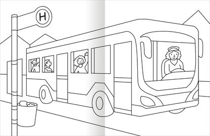 Gezeigt wird eine Innenansicht von „Malbuch Fahrzeuge“. Das Bild zeigt einen Linienbus, der an einer Haltestelle hält. Auf der linken Seite steht ein Haltestellen-Schild mit dem Buchstaben „H“. Innerhalb des Busses sind Passagiere abgebildet, die fröhlich aussehen. Die Illustration ist in einfachen, klaren Linien gehalten und eignet sich gut zum Ausmalen. Der Hintergrund besteht aus vereinfachten Gebäuden, die den Kontext der urbanen Umgebung verdeutlichen.