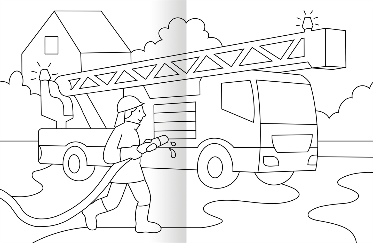 Gezeigt wird eine Innen- oder Zusatzansicht von „Malbuch Fahrzeuge“. Die Illustration zeigt einen Feuerwehrmann, der mit einem Schlauch Wasser spritzt. Im Hintergrund ist ein Feuerwehrfahrzeug mit einer ausfahrbaren Leiter abgebildet, das mit einem Blaulicht signalisiert. Die Szene spielt vor einem einfachen Haus und umgeben von Bäumen. Die Zeichnungen sind in Schwarzweiß gehalten, wobei die Konturen klar und deutlich sind, um das Ausmalen zu erleichtern.