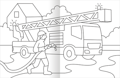 Gezeigt wird eine Innen- oder Zusatzansicht von „Malbuch Fahrzeuge“. Die Illustration zeigt einen Feuerwehrmann, der mit einem Schlauch Wasser spritzt. Im Hintergrund ist ein Feuerwehrfahrzeug mit einer ausfahrbaren Leiter abgebildet, das mit einem Blaulicht signalisiert. Die Szene spielt vor einem einfachen Haus und umgeben von Bäumen. Die Zeichnungen sind in Schwarzweiß gehalten, wobei die Konturen klar und deutlich sind, um das Ausmalen zu erleichtern.