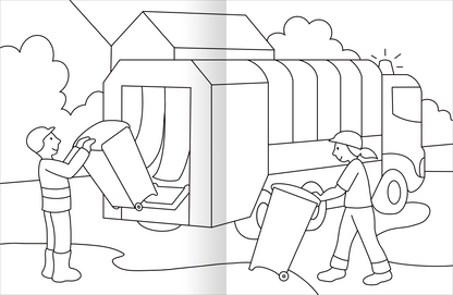 Gezeigt wird eine Innen- oder Zusatzansicht von „Malbuch Fahrzeuge“. Die Darstellung zeigt zwei Personen, die mit Mülltonnen arbeiten, während ein Müllwagen im Hintergrund steht. Die Figuren sind in einem einfachen, konturenreichen Stil gehalten und tragen Arbeitskleidung. Die Umgebung ist mit Bäumen und einem Wohnhaus skizziert.