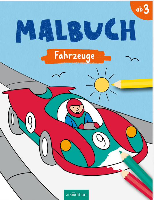 Auf dem Buchcover ist ein bunter Rennwagen zu sehen, der in einer dynamischen Kurve fährt. Der Wagen ist rot mit grünen und weißen Akzenten und zeigt eine Person im Fahreranzug. Der Hintergrund ist hellblau, durchzogen von einer Straße und kleinen Wolken. Oben links prangt der Titel „MALBUCH“ in großen, blauen Buchstaben, während „Fahrzeuge“ in Orange darunter geschrieben steht. In der oberen rechten Ecke ist der Hinweis „ab 3“ zu sehen. Ganz unten mittig steht der...