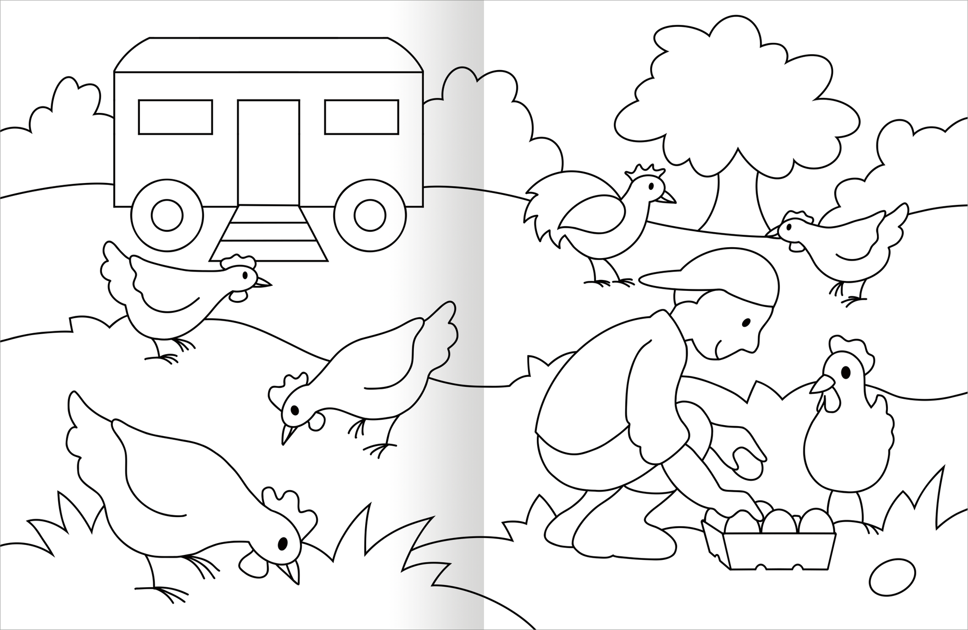 Gezeigt wird eine Innen- oder Zusatzansicht von „Malbuch Bauernhof“. Die Darstellung zeigt eine idyllische Bauernhofszene in Schwarz-Weiß. Ein Junge sammelt Eier aus einem Korb, während mehrere Hühner um ihn herumlaufen. Im Hintergrund steht ein Wohnwagen und ein Baum, der links im Bild zu sehen ist. . Die klare Linienführung ermöglicht ein leichtes Ausmalen.