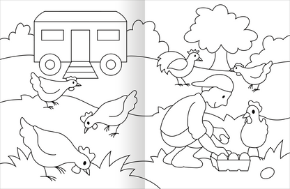 Gezeigt wird eine Innen- oder Zusatzansicht von „Malbuch Bauernhof“. Die Darstellung zeigt eine idyllische Bauernhofszene in Schwarz-Weiß. Ein Junge sammelt Eier aus einem Korb, während mehrere Hühner um ihn herumlaufen. Im Hintergrund steht ein Wohnwagen und ein Baum, der links im Bild zu sehen ist. . Die klare Linienführung ermöglicht ein leichtes Ausmalen.