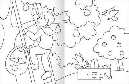 Gezeigt wird eine Innen- oder Zusatzansicht von „Malbuch Bauernhof“. Die schwarz-weiße Illustration zeigt einen Jungen, der eine Leiter hochklettert, um Birnen zu pflücken. Um ihn herum sind verschiedene Obstbäume mit Birnen und Äpfeln, sowie Vögel, die in der Luft fliegen. Der Hintergrund ist einfach gehalten, was die zentrale Szene hervorhebt. Die Linien sind klar und deutlich, was das Ausmalen erleichtert.