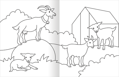 Gezeigt wird eine Innen- oder Zusatzansicht von „Malbuch Bauernhof“. Die Seite zeigt verschiedene Ziegen in einem ländlichen Umfeld, umgeben von sanft geschwungenen Büschen und einem einfachen Stall im Hintergrund. Die Ziegen sind in klaren Linien gezeichnet, ohne Farbfülle, was zum Ausmalen einlädt. Die Typografie ist kindgerecht und in großen, klaren Buchstaben gehalten. Die insgesamt freundliche Komposition fördert Kreativität und Spielspaß.