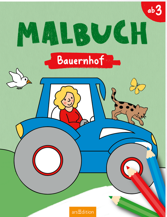 Das Buchcover zeigt einen bunten Traktor mit blauer Kabine und großen grauen Reifen. Darin sitzt eine fröhliche blonde Frau in rotem Kleid. Auf dem Traktor sitzen ein brauner Hund und ein Vogel. Der Hintergrund ist in sanften Grüntönen gehalten. Oben links steht in großen grünen Buchstaben „MALBUCH“, und darunter befindet sich ein rotes Banner mit der Aufschrift „Bauernhof“. Unten rechts sind drei bunte Buntstifte abgebildet. Ganz unten mittig steht der Logoschriftzug von...