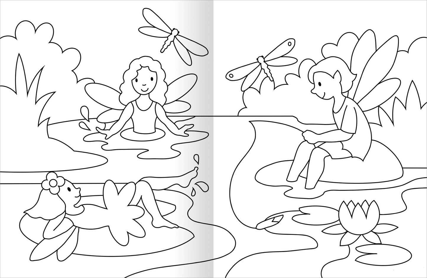 Gezeigt wird eine Innen- oder Zusatzansicht von „Malbuch Feen &amp; Einhörner“. Die Seite zeigt eine fantasievolle Szene mit mehreren Feen, die in einem Wasserlauf spielen. Eine Fee sitzt auf einem Stein, während eine andere im Wasser plantscht. Ein Junge sitzt am Ufer und angelt. Die Bilder sind in nicht ausgefüllten, klaren Linien gezeichnet. Die Umgebung besteht aus üppigen Pflanzen und einer Wasseroberfläche, ergänzt durch Detaillierungen wie Libellen und Seerosen.