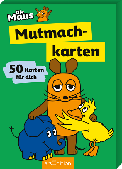 Das Cover zeigt einen leuchtend grünen Hintergrund. In der oberen linken Ecke ist das Logo von „Die Maus“ abgebildet. Der Titel „Mutmach-karten“ ist in großen, schwarzen Lettern aufgelbener Fläche platziert. Darunter steht „50 Karten für dich“ in einer kleineren, grauen Schrift. Drei cartoonartige Tiere - eine Maus, ein Elefant und ein Vogel - sind auf dem Cover abgebildet. Die Tiere wirken freundlich und einladend. Ganz unten mittig steht der Logoschriftzug von arsEdition.