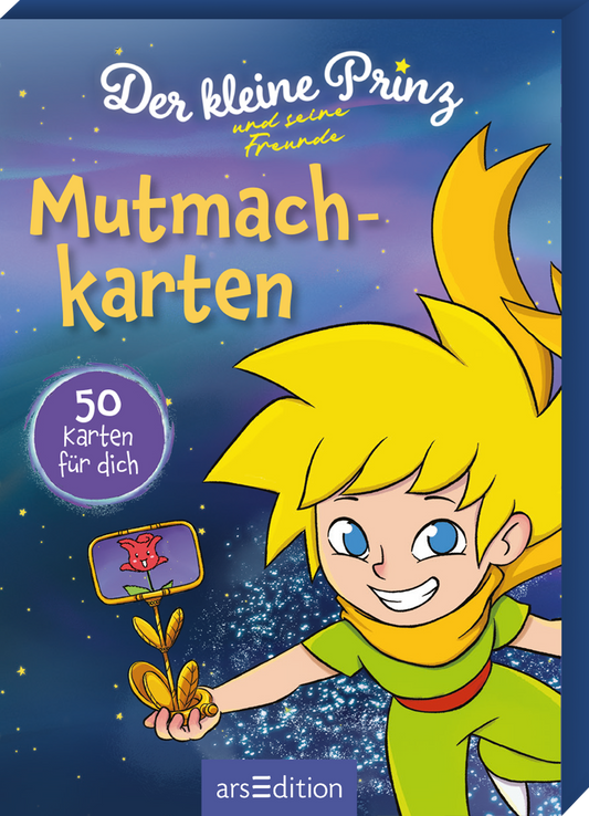 Das Buchcover zeigt eine fröhliche, cartoonartige Figur mit blonden Haaren, die in einem grünen Outfit gesteckt ist. Sie hält eine Karte mit einer Rose in der rechten Hand. Der Hintergrund ist in sanften Blautönen und schimmernden Sternen gestaltet, was eine Traumwelt vermittelt. Der Titel „Der kleine Prinz und seine Freunde: Mutmachkarten“ ist in großen, gelben Buchstaben oben platziert. Ein SPIEGEL-Bestseller-Button mit dem Text „50 Karten für dich“ ist sichtbar. Ganz unten...