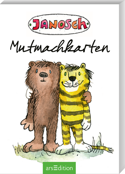 Auf dem Cover ist auf weißem Grund ein ovales mehrfarbiges Janosch Logo oben abgebildet, darunter steht der Titel „Mutmachkarten“ in schwarzer handschriftlicher Schrift. Im Vordergrund ist eine warme Aquarellillustration des braunen Bären und des gelb-schwarz gestreiften Tigers, die freundschaftlich die Arme umeinander legen, stehend auf grünem Gras. Ganz unten mittig steht der Logoschriftzug von arsEdition.