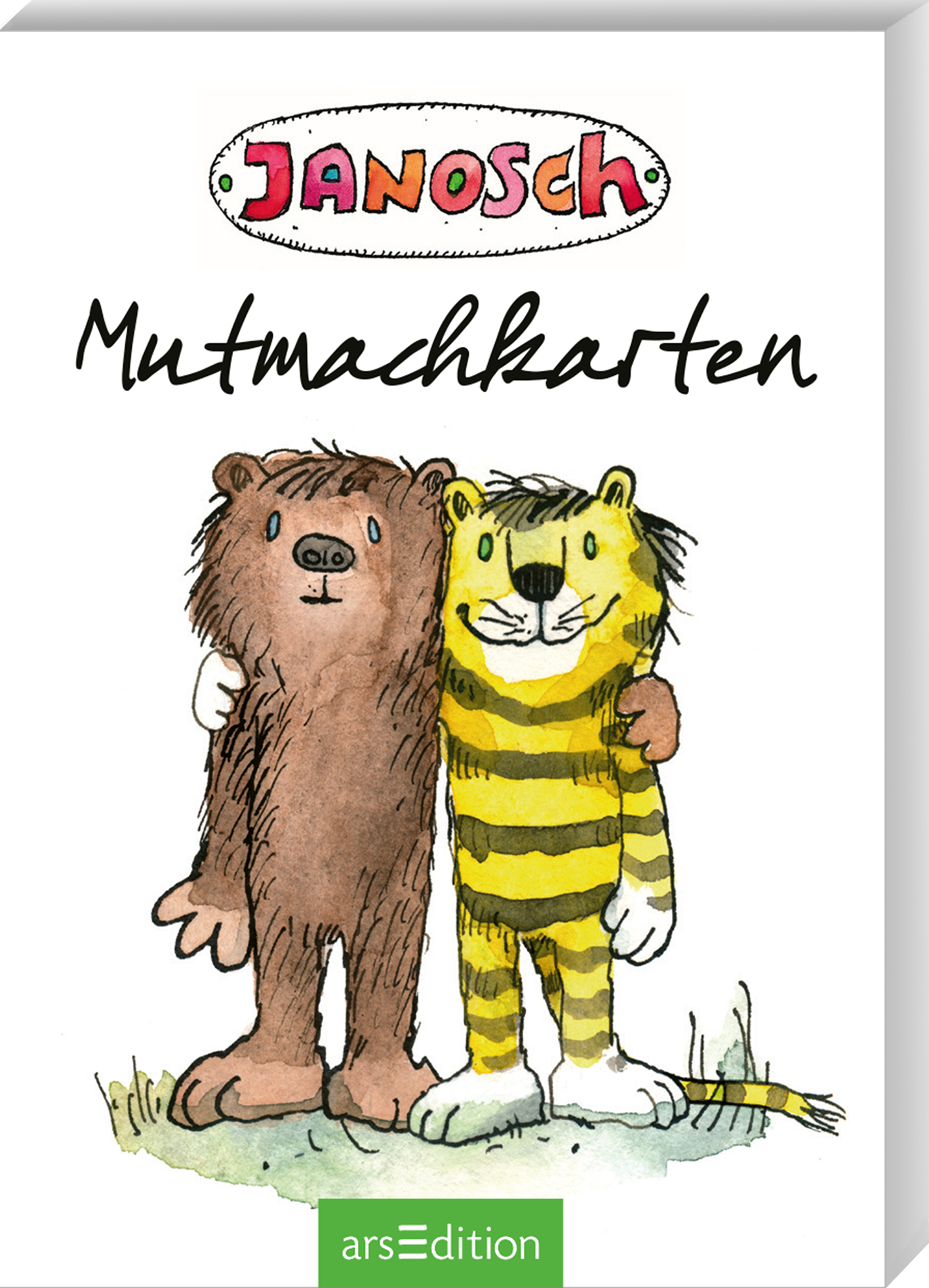 Auf dem Cover ist auf weißem Grund ein ovales mehrfarbiges Janosch Logo oben abgebildet, darunter steht der Titel „Mutmachkarten“ in schwarzer handschriftlicher Schrift. Im Vordergrund ist eine warme Aquarellillustration des braunen Bären und des gelb-schwarz gestreiften Tigers, die freundschaftlich die Arme umeinander legen, stehend auf grünem Gras. Ganz unten mittig steht der Logoschriftzug von arsEdition.