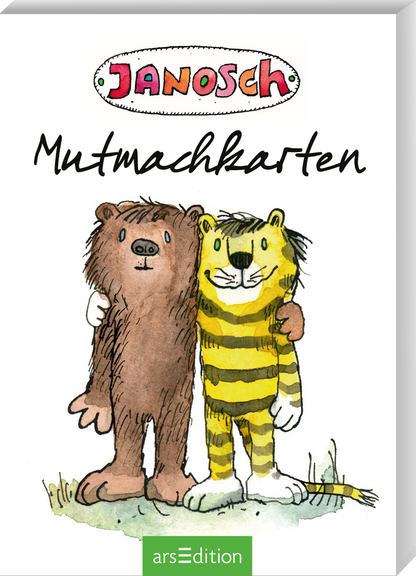 Auf dem Cover ist auf weißem Grund ein ovales mehrfarbiges Janosch Logo oben abgebildet, darunter steht der Titel „Mutmachkarten“ in schwarzer handschriftlicher Schrift. Im Vordergrund ist eine warme Aquarellillustration des braunen Bären und des gelb-schwarz gestreiften Tigers, die freundschaftlich die Arme umeinander legen, stehend auf grünem Gras. Ganz unten mittig steht der Logoschriftzug von arsEdition.
