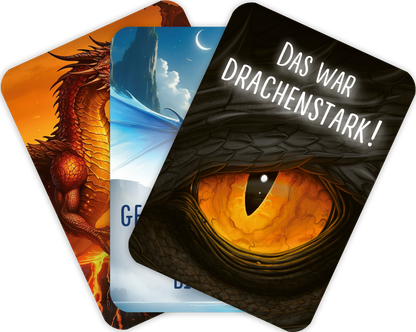 Gezeigt wird eine Innen- oder Zusatzansicht von „Mutmachkarten für die Schule – Drachen“. Die Karte zeigt ein großes, eindrucksvolles Drachenauge in leuchtenden Orangetönen, umgeben von dunklen, schuppigen Details. Der Schriftzug „Das war drachenstark!“ in freundlicher, handschriftlicher Typografie ist in Weiß gehalten und wirkt einladend. Die insgesamt warmen Farben schaffen eine motivierende und positive Atmosphäre, die Kinder anspricht.