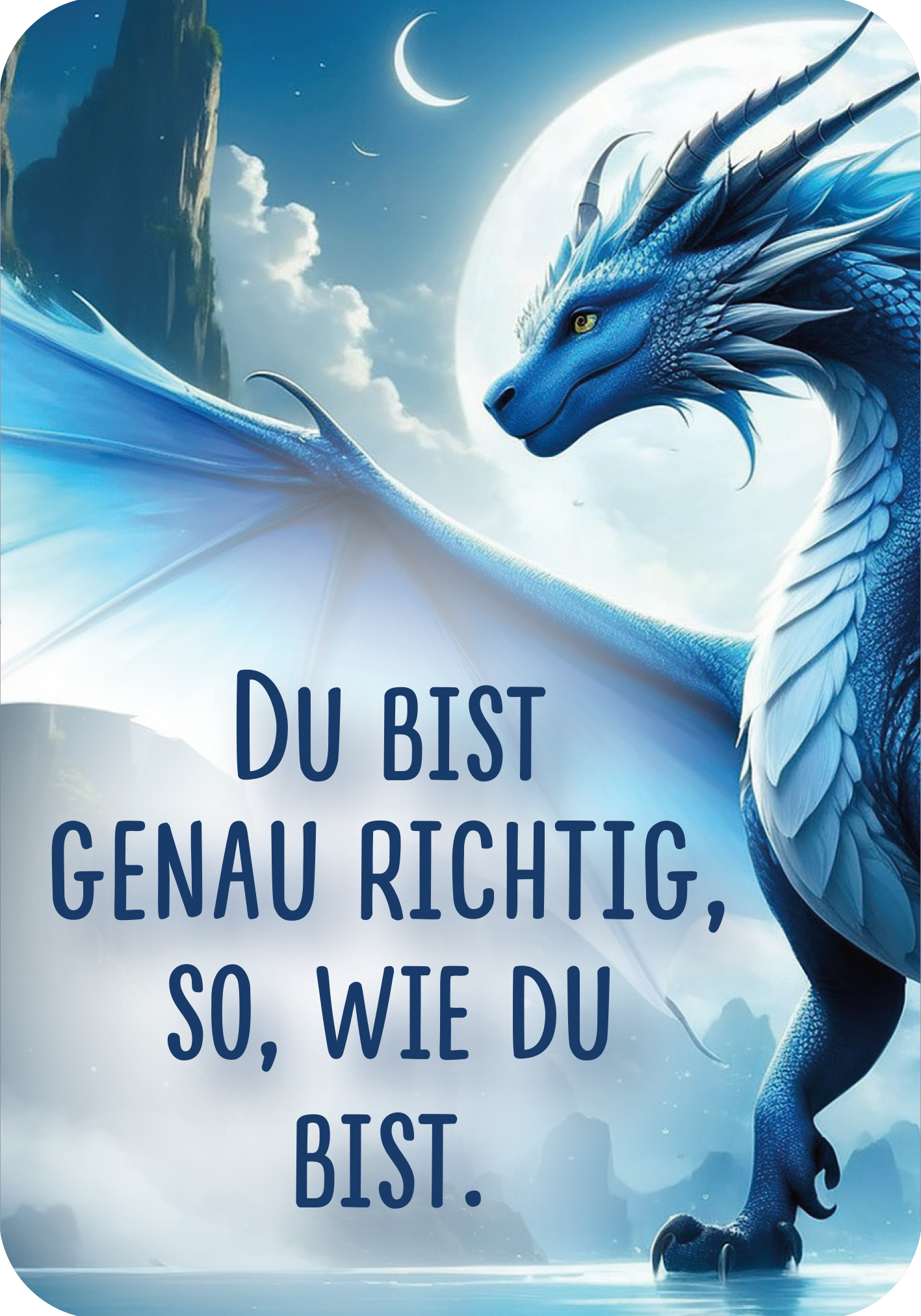 Gezeigt wird eine Innen- oder Zusatzansicht von „Mutmachkarten für die Schule – Drachen“. Die Karte zeigt einen majestätischen Drachen, der Feuer speit, vor einem beeindruckenden, vulkanischen Hintergrund in warmen Orange- und Rottönen. Der Text „Ich lerne in meinem Tempo.“ ist in großer, klarer, weißer Schrift am unteren Rand platziert, was die positive Botschaft unterstreicht und gut lesbar ist. Die dynamische Komposition vermittelt Stärke und Motivation.