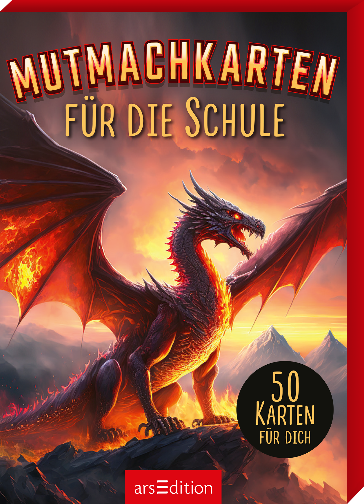 Das Buchcover zeigt einen majestätischen, rot-schwarzen Drachen, der vor einer dramatischen, feurigen Kulisse thront. Der Himmel ist in warmen Orange- und Rottönen gehalten, was eine spannende Atmosphäre erzeugt. Oben stehen die Worte „MUTMACHKARTEN“ in großen, kräftigen Buchstaben, gefolgt von „für die Schule“ in einer schlichteren Schrift. Unten befindet sich ein schwarzer Kreis mit dem Text „50 KARTEN FÜR DICH“. Ganz unten mittig steht der Logoschriftzug von arsEdition.