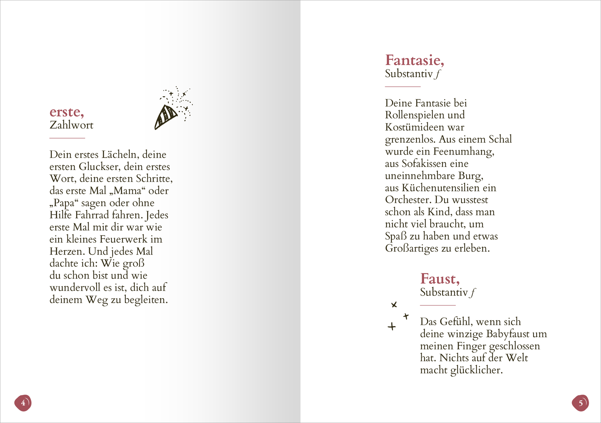 Gezeigt wird eine Innenansicht von „Lieblingstochter“. Die Doppelseite präsentiert eine helle, minimalistische Gestaltung mit viel Weißraum. Links sind die Begriffe „erste“ und „Fantasie“ in einer klaren, serifenlosen Typografie dargestellt, wobei „erste“ als Zahlwort hervorgehoben ist. Rechts wird das Wort „Faust“ in einer ähnlichen Schriftart gezeigt. Kleine handgezeichnete Illustrationen ergänzen die Texte und verleihen der Seite einen verspielten Charakter. Die...