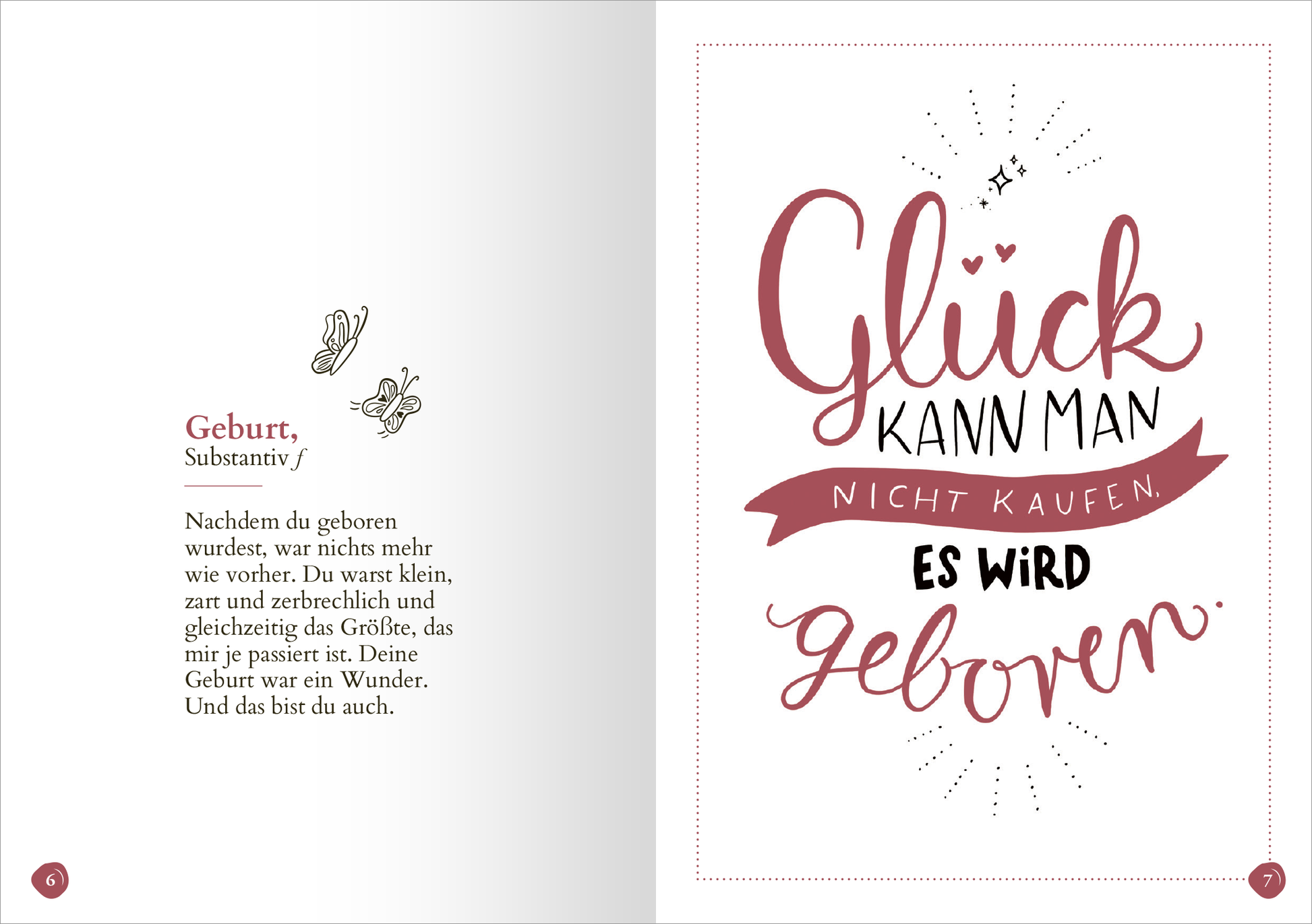 Gezeigt wird eine Innenansicht von „Lieblingstochter (Substantiv, f)“. Auf der linken Seite befindet sich ein erklärender Text zur „Geburt“, in einer klaren, gut lesbaren Schriftart in schwarzer Farbe. Daneben sind zeichnerische Elemente wie kleine Blumen. Auf der rechten Seite prangt ein farbiger Schriftzug „Glück kann man nicht kaufen, es wird geboren“ in einem warmen, rotton mit dekorativen, handschriftlichen Akzenten. Der Hintergrund ist hell und unterstützt die leichte...