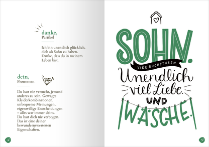 Gezeigt wird eine Innen- oder Zusatzansicht von „Lieblingssohn“. Die linke Seite präsentiert den Text „danke, Partikel“ in einer schlichten Schrift, während die rechte Seite eine illustrative Gestaltung zeigt. Der Begriff „SOHN“ ist in großen grünen Buchstaben hervorgehoben, umgeben von dekorativen Elementen. Darunter steht „Unendlich viel Liebe und Wäsche!“ in eleganter Schrift, die Freude und Vertrautheit vermittelt. Der Hintergrund ist hell, was die bunten Illustrationen...