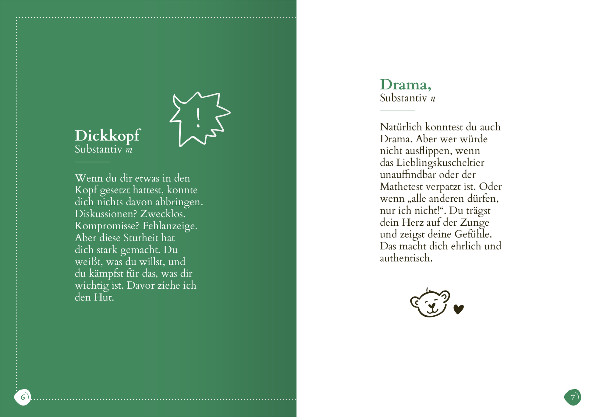 Gezeigt wird eine Innen- oder Zusatzansicht von „Lieblingssohn (Substantiv, m)“. Die Seite hat einen sanften grünen Hintergrund und ist in zwei Spalten unterteilt. Links steht das Wort „Dickkopf“ in großer, klarer Schrift, begleitet von einer skizzierten Sprechblase und einer grafischen Darstellung. Rechts wird das Wort „Drama“ ebenfalls in ansprechender, gut leserlicher Typografie präsentiert. Beide Begriffe sind von erklärenden Texten umgeben, die in neutraler Farbe verfasst...