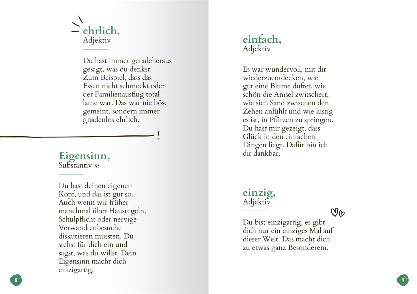 Gezeigt wird eine Innenansicht von „Lieblingssohn“. Die Seite ist in hellen, sanften Farben gehalten, mit einer weißen Hintergrundfarbe, die einen klaren und übersichtlichen Eindruck vermittelt. Links sind die Adjektive „ehrlich“ und „einfach“ in klarer, moderner Typografie in grüner Schrift dargestellt, während die Erklärungen in schwarzer Schrift erscheinen. Auf der rechten Seite stehen ebenfalls Adjektive und deren Beschreibungen, was die Seiten symmetrisch und harmonisch...