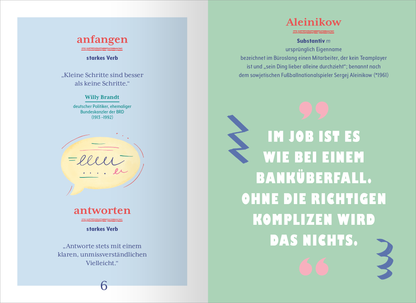 Gezeigt wird eine Innen- oder Zusatzansicht von „Wörterbuch für den Büroalltag“. Auf der linken Seite befindet sich der Begriff „anfangen“ in einer klaren roten Schrift, darunter ein Zitat von Willy Brandt, illustriert mit einer kreativen Sprechblase in sanften Farben. Rechts wird das Wort „Aleinikow“ in einer eleganten blauen Schrift präsentiert, gefolgt von einer Definition in roter Schrift. Die Gestaltung ist freundlich und modern, mit verspielten grafischen Elementen in...