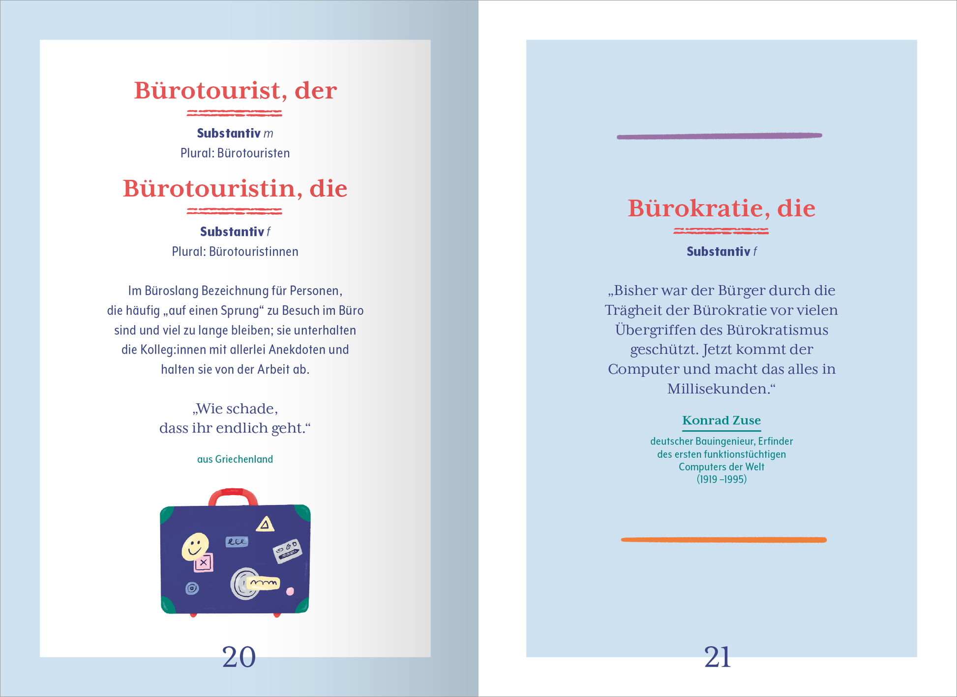 Gezeigt wird eine Innen- oder Zusatzansicht von „Wörterbuch für den Büroalltag“. Die Seite präsentiert zwei Begriffsdefinitionen: „Bürotourist, der“ und „Bürotouristin, die“, eingerahmt von klaren roten Überschriften. Eine grafische Darstellung eines bunten Koffers mit Aufklebern ist links platziert, während die Definitionen in einer klaren, gut lesbaren Schriftart in Schwarz auf hellem Hintergrund stehen. Die rechte Seite zeigt die Definition von „Bürokratie, die“ und...