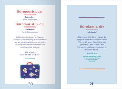Gezeigt wird eine Innen- oder Zusatzansicht von „Wörterbuch für den Büroalltag“. Die Seite präsentiert zwei Begriffsdefinitionen: „Bürotourist, der“ und „Bürotouristin, die“, eingerahmt von klaren roten Überschriften. Eine grafische Darstellung eines bunten Koffers mit Aufklebern ist links platziert, während die Definitionen in einer klaren, gut lesbaren Schriftart in Schwarz auf hellem Hintergrund stehen. Die rechte Seite zeigt die Definition von „Bürokratie, die“ und...