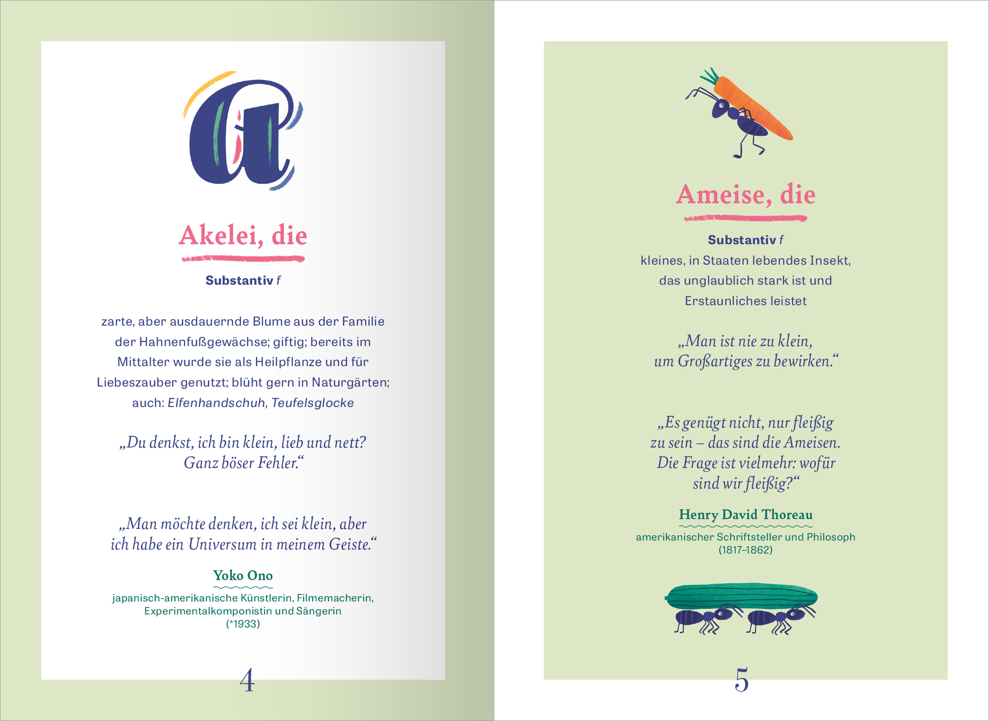 Gezeigt wird eine Innen- oder Zusatzansicht von „Wörterbuch für kluge Gartenliebhaber“. Auf der linken Seite steht das Wort „Akelei“ in einer bunten, großen Schrift mit stilisierten Buchstaben. Darunter sind die Wortart und eine kurze Erklärung in sanften Farben abgedruckt. Die rechte Seite zeigt das Wort „Ameise“ in derselben Schriftart, ergänzt mit einer farbenfrohen Illustration einer Ameise und einer Karotte. Der Hintergrund ist in einem sanften Grünton gehalten, was eine...