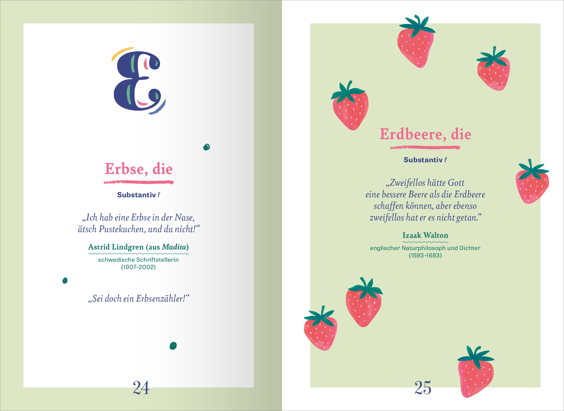 Gezeigt wird eine Innen- oder Zusatzansicht von „Wörterbuch für kluge Gartenliebhaber“. Die Seite zeigt eine grüne Hintergrundfarbe mit verspielten Illustrationen von Erdbeeren und Erbsen. Die zentrale Überschrift „Erbse, die“ in einer stilisierten Schriftart, gefolgt von einer Definition und einem Zitat von Astrid Lindgren. Auf der gegenüberliegenden Seite steht „Erdbeere, die“, ebenfalls in einer eleganten Typografie, umrahmt von weiteren Erdbeer-Illustrationen. Die...