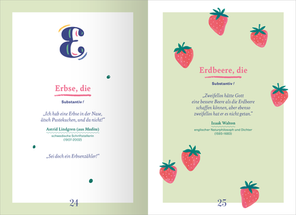 Gezeigt wird eine Innen- oder Zusatzansicht von „Wörterbuch für kluge Gartenliebhaber“. Die Seite zeigt eine grüne Hintergrundfarbe mit verspielten Illustrationen von Erdbeeren und Erbsen. Die zentrale Überschrift „Erbse, die“ in einer stilisierten Schriftart, gefolgt von einer Definition und einem Zitat von Astrid Lindgren. Auf der gegenüberliegenden Seite steht „Erdbeere, die“, ebenfalls in einer eleganten Typografie, umrahmt von weiteren Erdbeer-Illustrationen. Die...