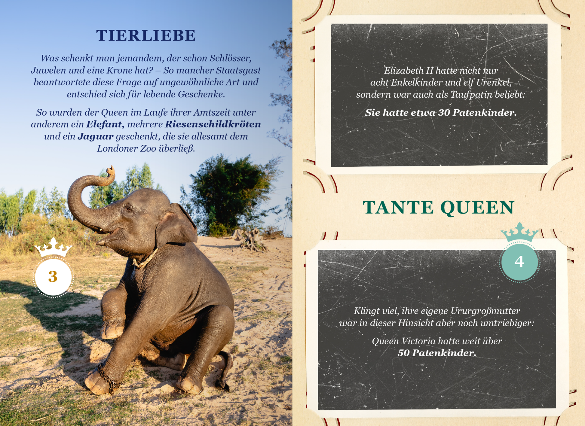 Gezeigt wird eine Innen- oder Zusatzansicht von „God Save THE QUEEN“. Die Seite ist farbenfroh gestaltet und enthält zwei Abschnitte. Links ist ein Bild eines Elefanten zu sehen, begleitet von einer blauen Überschrift „TIERLIEBE“. Rechts steht die Überschrift „TANTE QUEEN“ auf einem schwarzen Hintergrund, darunter sind Textkästen mit historischen Informationen. Die Typografie ist abwechslungsreich, die Schriftzüge vermitteln Eleganz und sind gut lesbar.