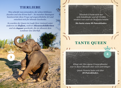 Gezeigt wird eine Innen- oder Zusatzansicht von „God Save THE QUEEN“. Die Seite ist farbenfroh gestaltet und enthält zwei Abschnitte. Links ist ein Bild eines Elefanten zu sehen, begleitet von einer blauen Überschrift „TIERLIEBE“. Rechts steht die Überschrift „TANTE QUEEN“ auf einem schwarzen Hintergrund, darunter sind Textkästen mit historischen Informationen. Die Typografie ist abwechslungsreich, die Schriftzüge vermitteln Eleganz und sind gut lesbar.