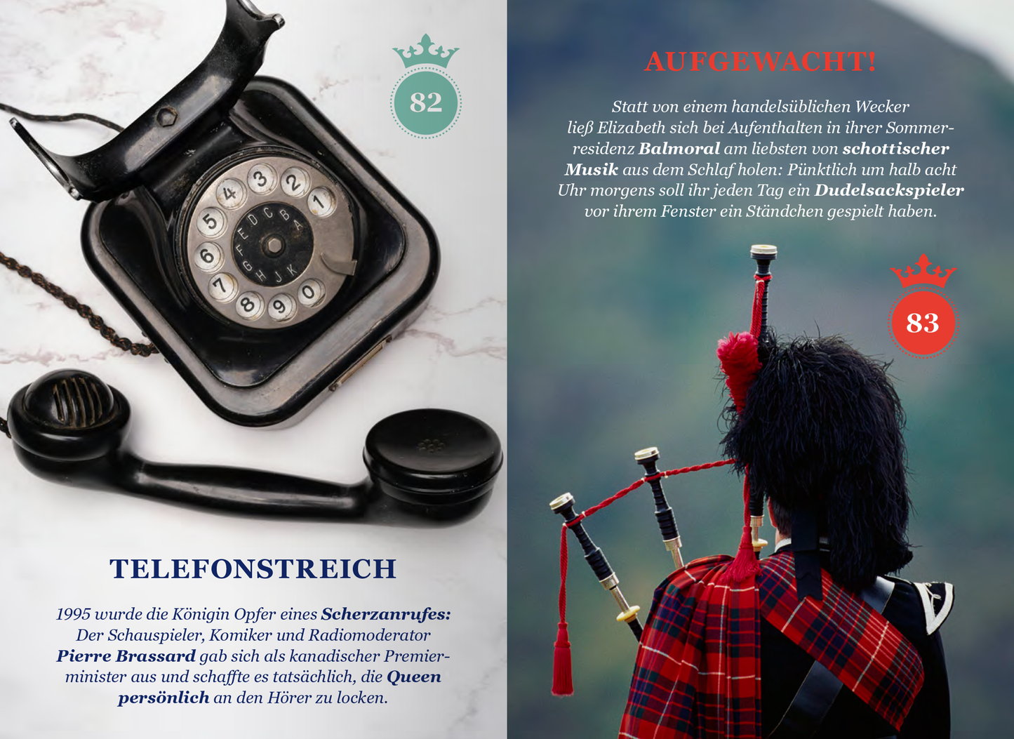 Gezeigt wird eine Innen- oder Zusatzansicht von „God Save THE QUEEN“. Die linke Seite zeigt ein klassisches schwarzes Telefon mit Wählscheibe auf einem Holzuntergrund, umrahmt von einer grünen Krone und der Nummer 82. Rechts befindet sich ein Dudelsackspieler in traditioneller Kleidung, der auf einem blauen Hintergrund abgebildet ist, flankiert von rotem und grünem Text sowie der Nummer 83. Die Schriftarten variieren zwischen verschnörkelten und klaren Typografien, die den historischen...